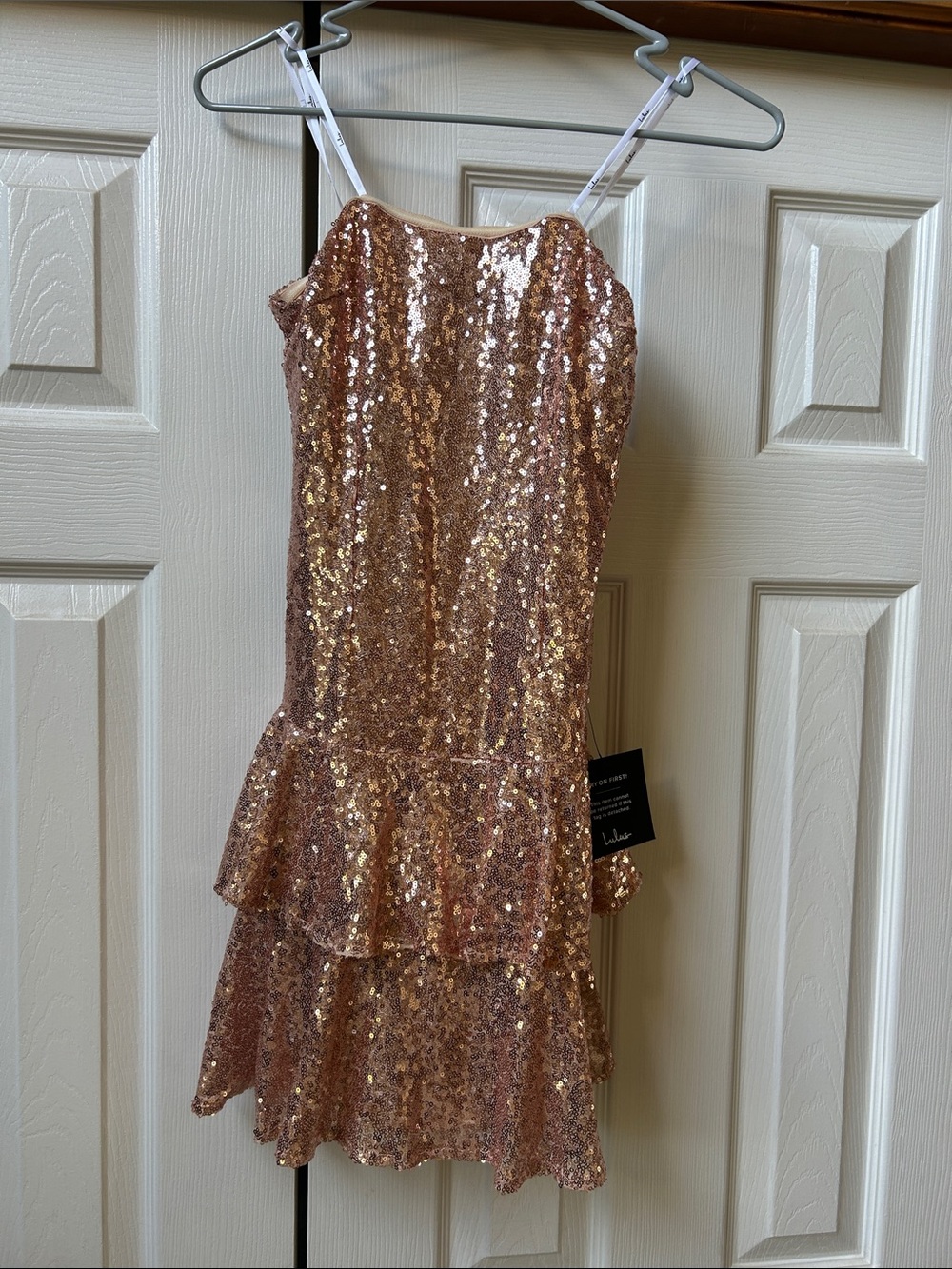 Lulu's Rose Gold Sequin Tiered Spaghetti Strap Dress